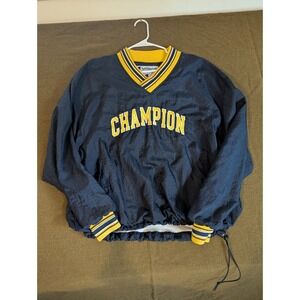 VINTAGE Champion Jacket Mens Extra Large Blue V Neck Windbreaker Lined Spellout